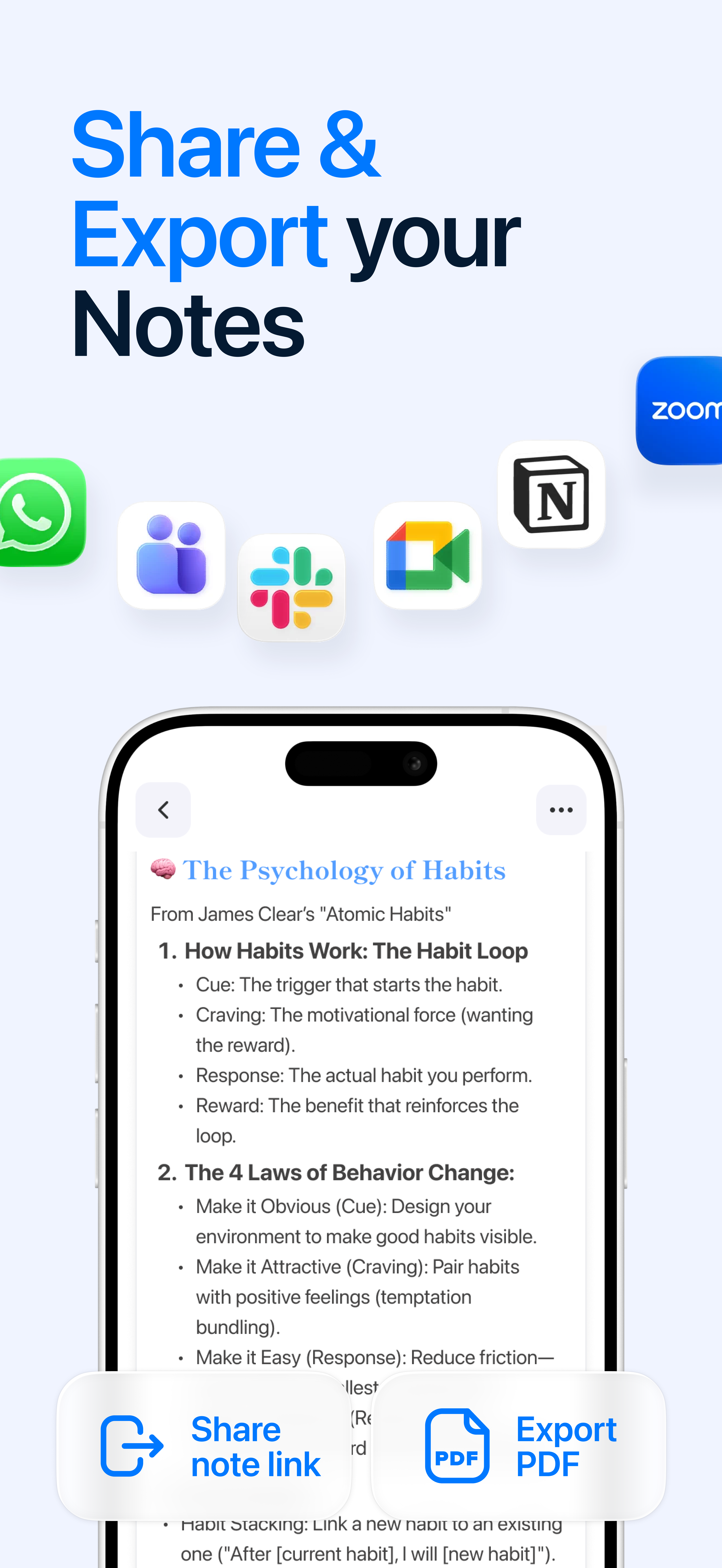 Share and export notes to Notion, Slack, and more